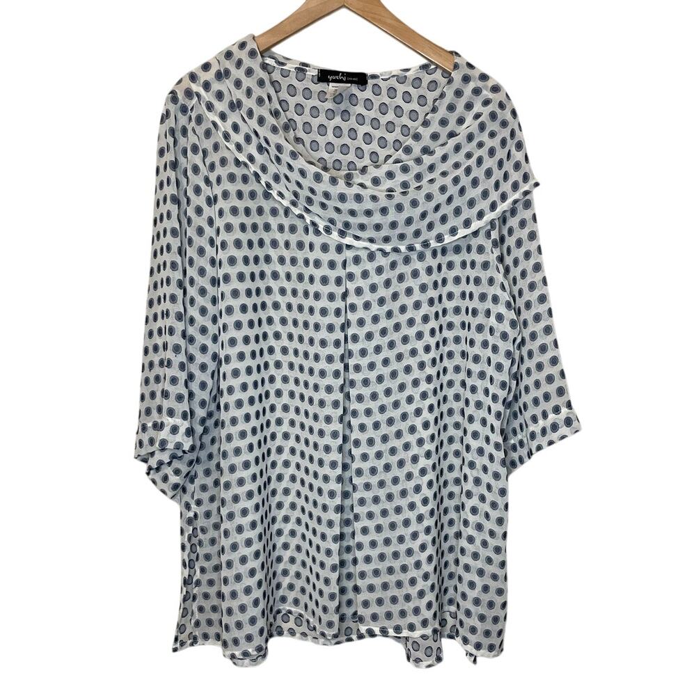 Yushi Boho Polka Dot White & Blue Square Cut 3/4 Sleeve Cowl Neck Women's Top XL